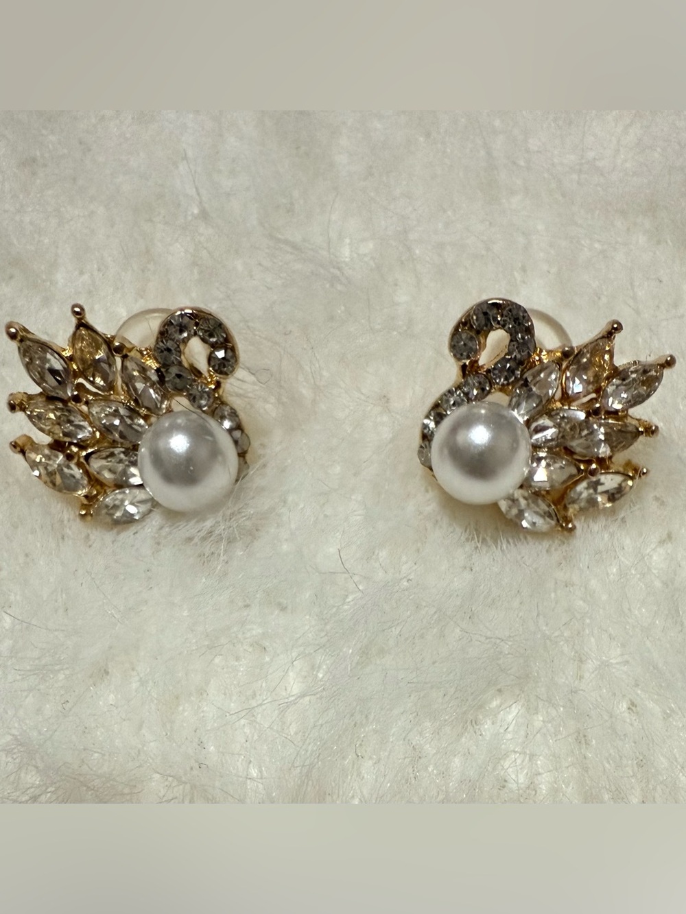 Gold&Pearl Swan Earrings With Pearl Zirconia Stones 925 Sterling Silver